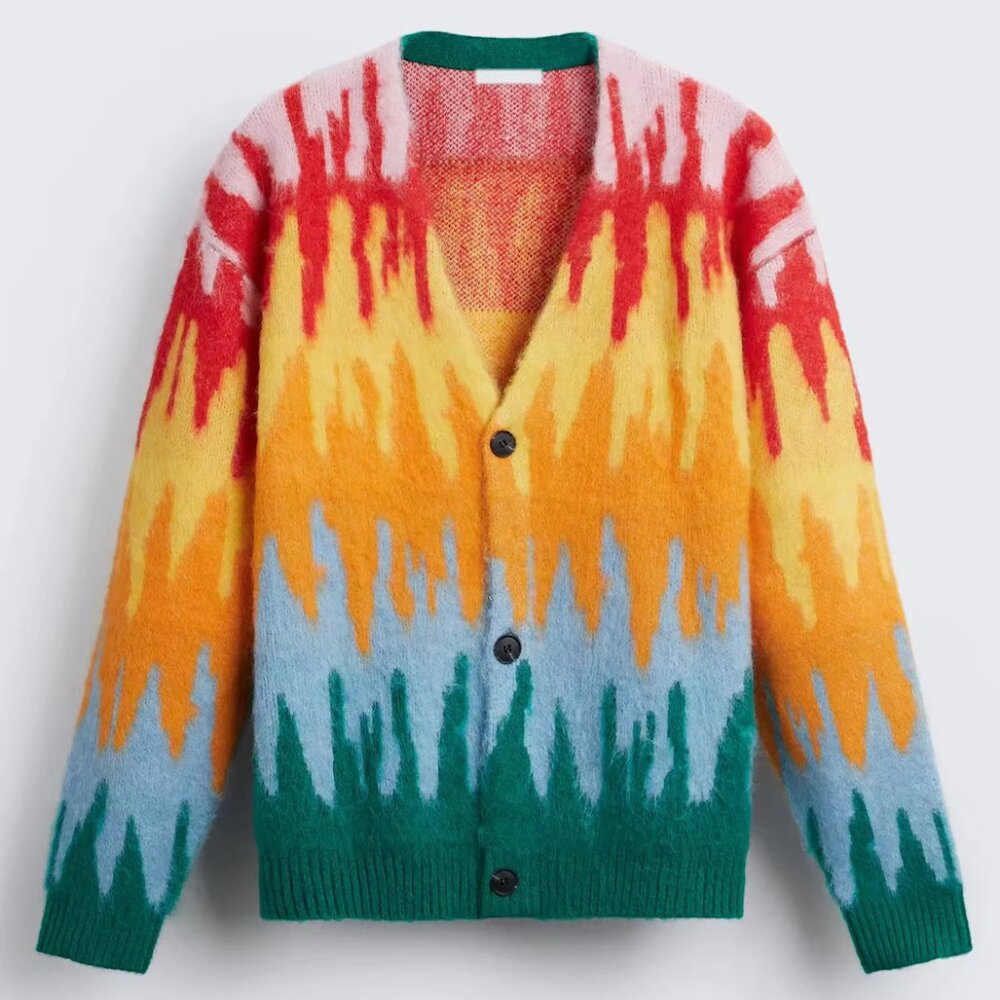 ZARA V-Neck Brushed Shag Cardigan, Vibrant Multicolor All-Over Print, Sz S-M